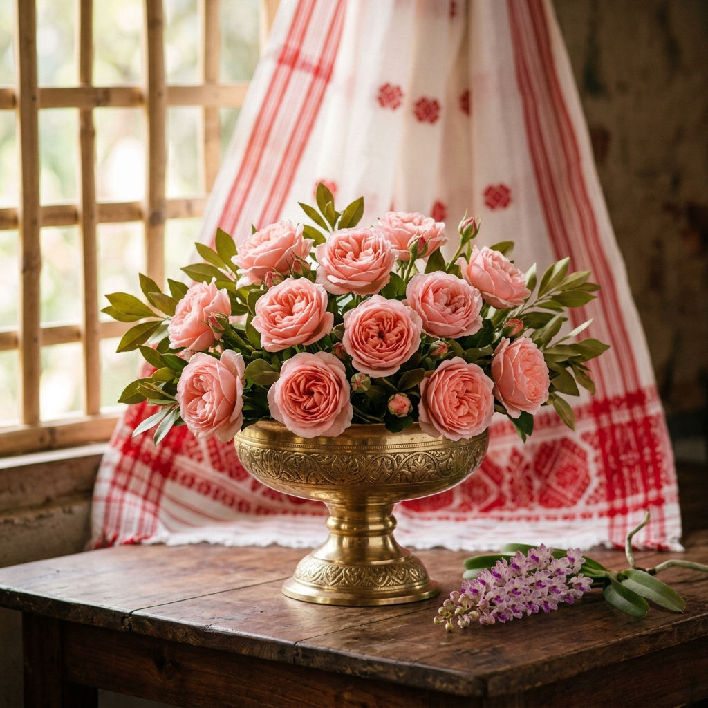 Premium terracotta rose bouquet against Guwahati sandstone at golden hour